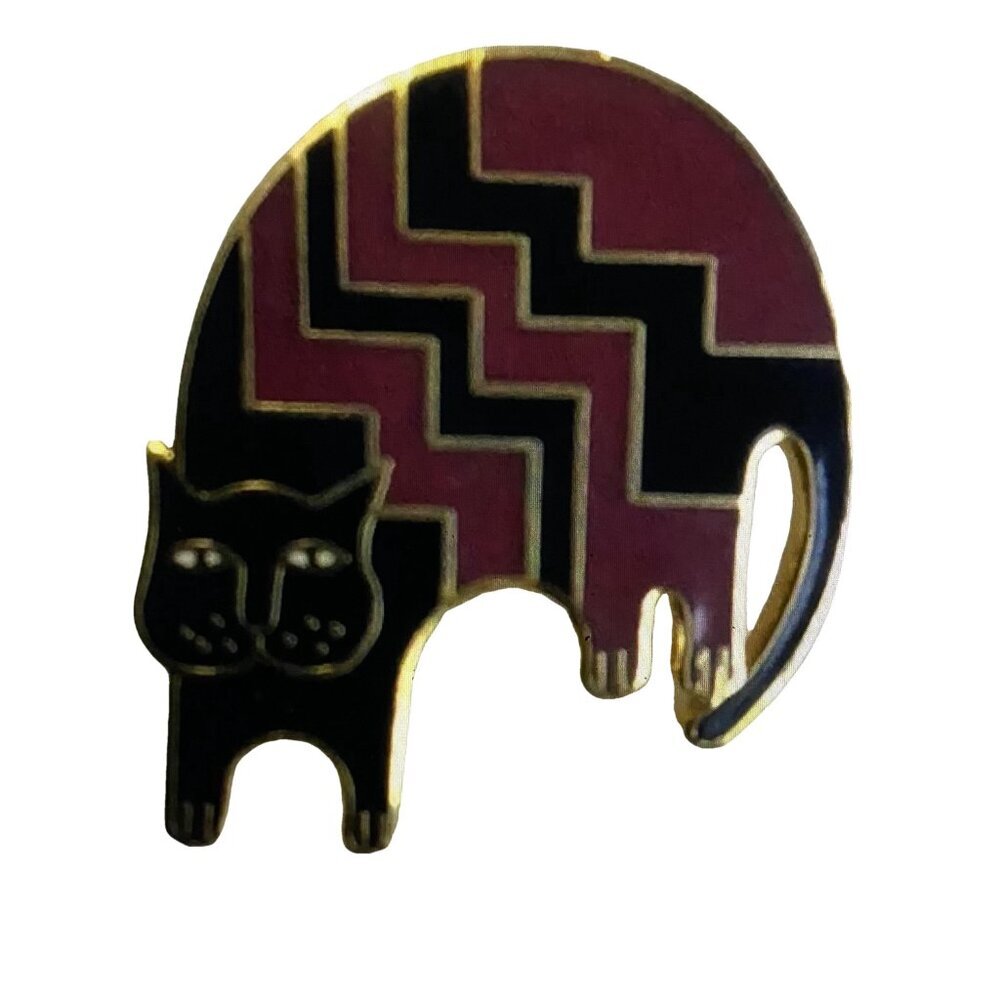 LAUREL BURCH Burgundy Black Enamel Aztec Cat Cloisonné Brooch 1980s Vintage - Picture 2 of 10